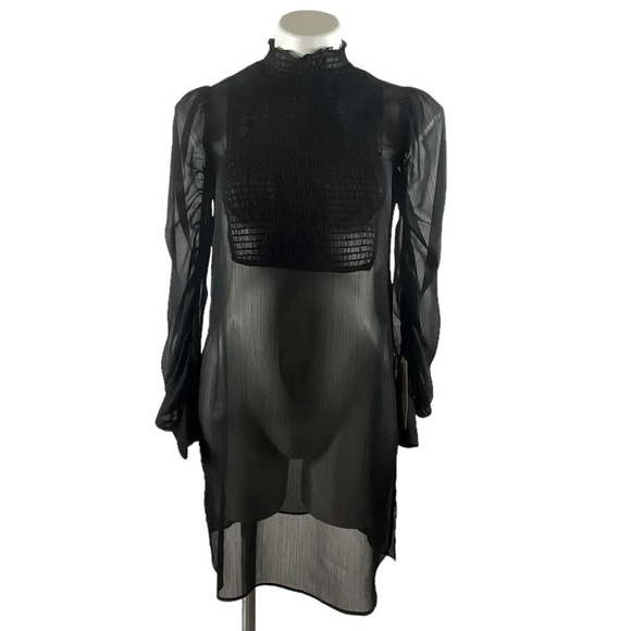 Zara Black Sheer Smocked High Neck Smocked Front Panel Ruched Sleeve Dress - Picture 1 of 14